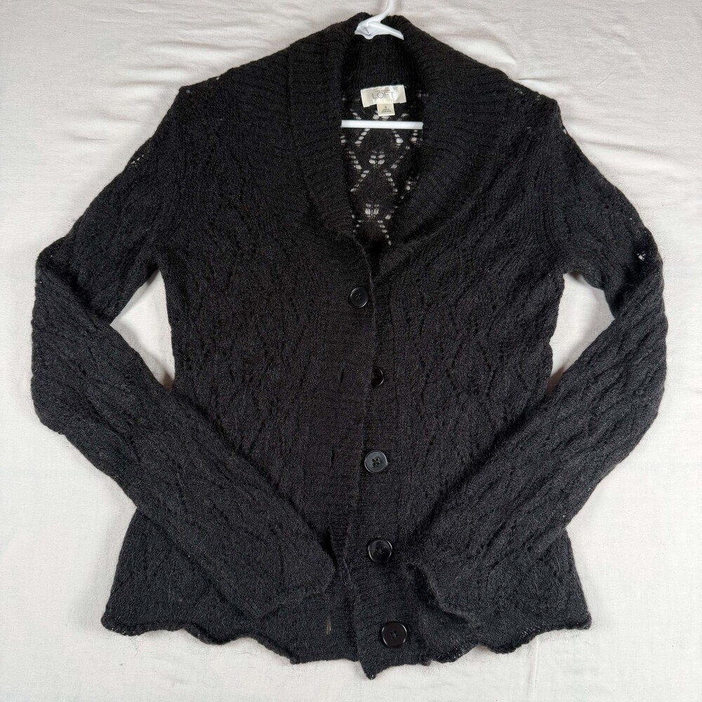 VTG LOFT Mohair Wool Pointelle Cardigan Sweater Womens S Black Shawl Collar